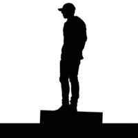 Silhouette of a person standing on a platform, looking away. A stark, simple image. vector