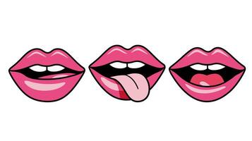 Glossy Pink Lips with Expressions Cartoon Style Open, Licking, and Smiling Lips Icons vector