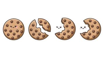 Kawaii Chocolate Chip Cookies in Different States Complete, Half-Broken, and More vector