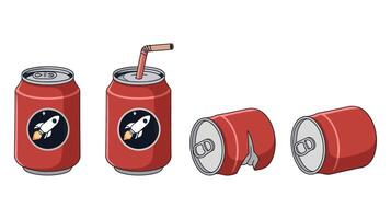 Rocket-Themed Red Soda Can with Straw and Crushed Design - Illustration vector