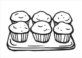 illustration in doodle style. homemade muffins on a baking sheet vector