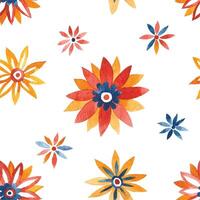 seamless pattern abstract watercolor ornaments graphic flowers. bright red and orange, retro style vector