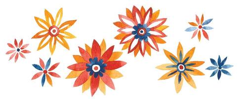 set of abstract watercolor ornaments of graphic flowers. bright red and orange, retro style vector