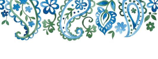 Watercolor seamless frame. Frame with oriental paisley pattern in green and blue on white background vector