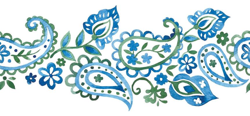 Watercolor seamless frame, frame with oriental paisley pattern in green and blue on white background