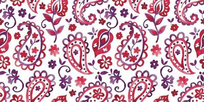 watercolor seamless pattern with oriental paisley in red and purple color on a white background vector