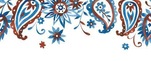Watercolor seamless frame. Frame with oriental paisley pattern in blue and brown on white background vector