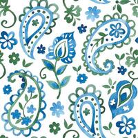 watercolor seamless pattern with oriental paisley in blue and green color on a white background vector