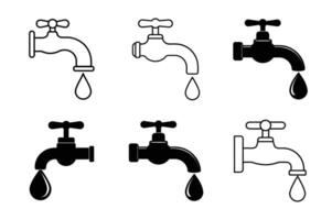 Water Faucet with Dripping Water Droplet Icon set, Symbolizing Leaking or Wasting Water vector