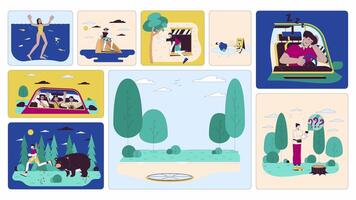 Diverse people in unexpected dangerous situations bento grid animation. Survival, road hazards, water accidents collage motion 4K web design. Animated cartoon characters collection mood board video