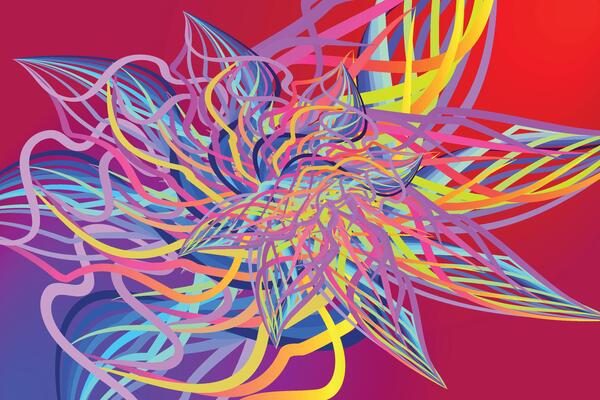 abstract background with colourful flowers, Rainbow Spiral Bloom, abstract flower design with colourful lines, on blue and red gradient background,