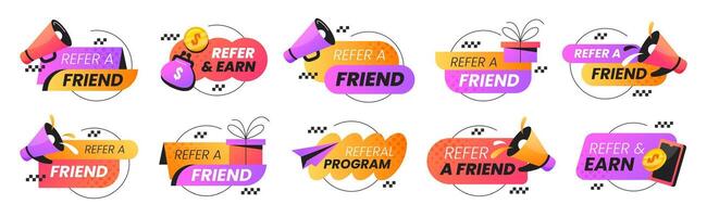 Refer a friend badges set. Employee referral program stickers. Speech bubbles with smartphone, megaphone icons. Marketing design labels, signs for recommendation, business network collaboration vector