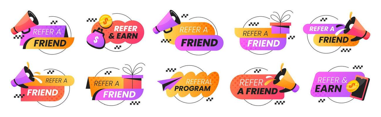 Refer a friend badges set. Employee referral program stickers. Speech bubbles with smartphone, megaphone icons. Marketing design labels, signs for recommendation, business network collaboration