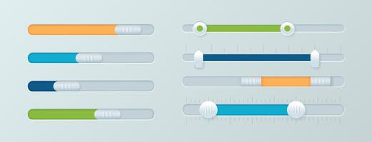 Scroll bar icons set. Computer scrollbars, sliders, web design elements for website, graphic ui, app user interface or internet page. Brightness controller, turn on or off toggle switch buttons vector
