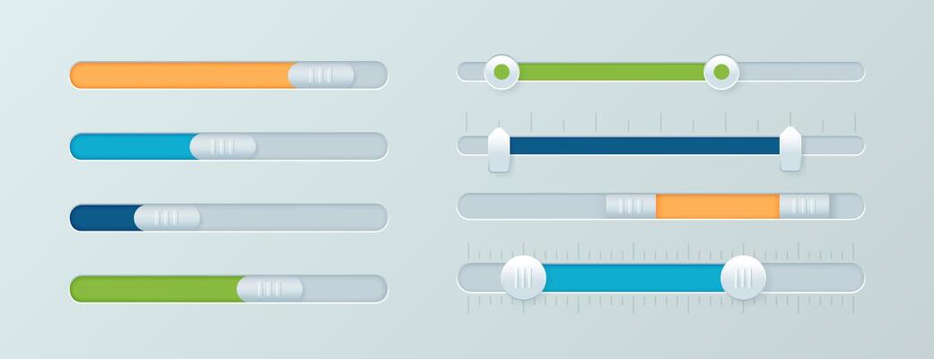 Scroll bar icons set. Computer scrollbars, sliders, web design elements for website, graphic ui, app user interface or internet page. Brightness controller, turn on or off toggle switch buttons