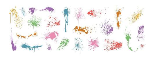 Spray paint color drips, ink blots or splatters set. Dirty splashes, graffiti speckles and inkblot spots with dust effect. Paintbrush splotch, inky drops or liquid blobs. Abstract grunge splash stains vector