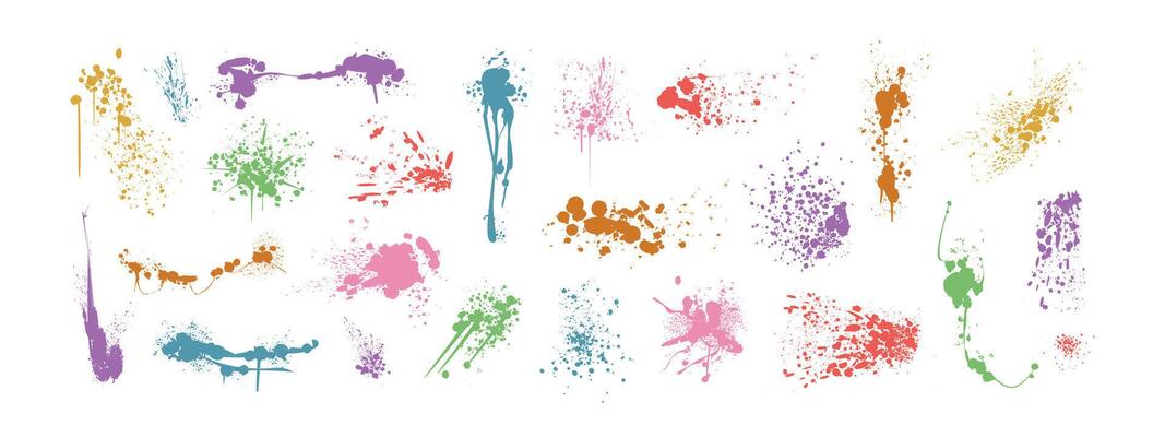 Spray paint color drips, ink blots or splatters set. Dirty splashes, graffiti speckles and inkblot spots with dust effect. Paintbrush splotch, inky drops or liquid blobs. Abstract grunge splash stains