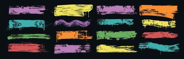 set of colored brush strokes, ink bold lines. Dirty grunge design elements, rough paintbrush smears, scribbles on black background. Freehand spray paint underline stripes with drips, splatters vector