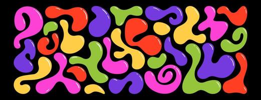 Set of colorful irregular blobs, random liquid organic drop shapes. Amorphous splodges, asymmetric spots, fluid uneven elements or simple amoeba figures. Abstract glossy color form on black background vector