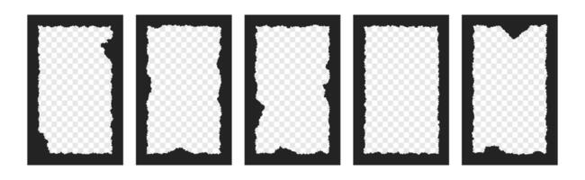 set of black rectangle shape frames with jagged edges. Ragged text box with empty transparent space inside. Torn photo picture borders, tattered mirrors, text box frameworks with tear sheets vector