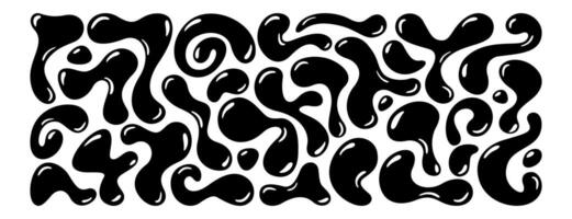 Set of black irregular blobs, random liquid organic drop shapes. Amorphous splodges, asymmetric spots, fluid uneven elements or simple amoeba figures. Abstract glossy smooth forms on white background vector