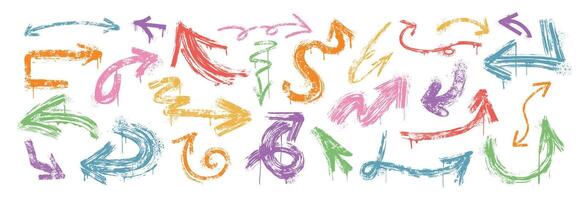 Hand drawn brush stroke arrows different shapes. Colorful bold curly, wavy or squiggly arrow set. Spray paint graffiti direction graphic design elements with drips and splatters in grunge style vector