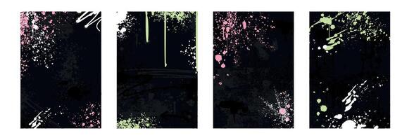 Abstract graffiti borders, rectangle frames with spray paint drops, splatter texture, urban elements and inky drips. set of hand drawn hip hop street art black covers with dirty grunge splashes vector