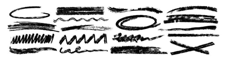 Hand drawn charcoal texture strikethrough, chalk pencil underlines, scribbles, grunge smears, brush strokes. Set of black crayon emphasis lines, squiggles, oval highlight. Doodle handwritten elements. vector