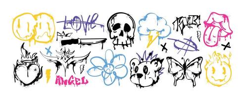Spray paint graffiti element set. Street art gothic skull head icon, flaming heart, open mouth with tongue, punk rock bear. Grunge ink stickers, lightning cloud, trippy melting smile faces with drips vector