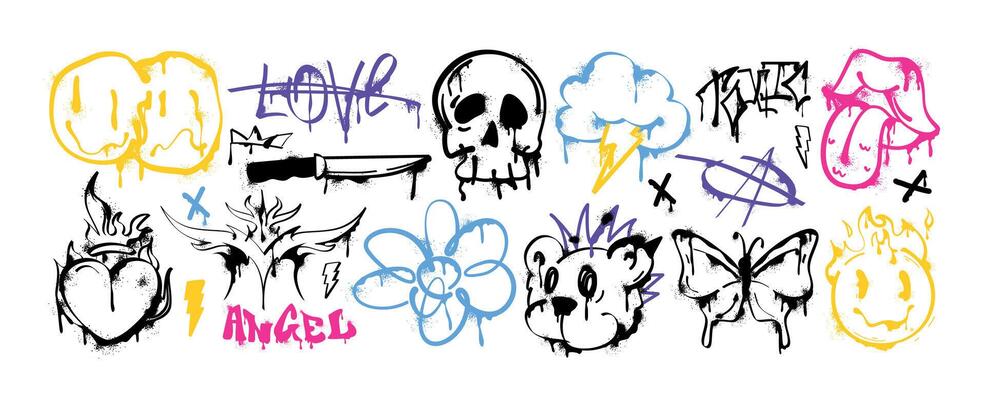 Spray paint graffiti element set. Street art gothic skull head icon, flaming heart, open mouth with tongue, punk rock bear. Grunge ink stickers, lightning cloud, trippy melting smile faces with drips