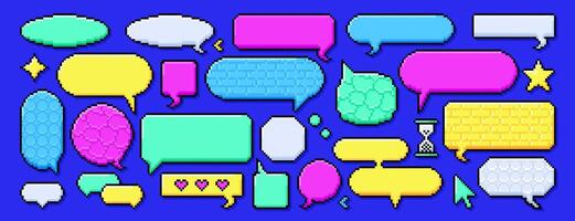 Pixel dialogue boxes different shapes set on blue background. Chat speech bubbles, message frames for text or empty dialog communication box in 8bit retro style. Vibrant color pixelated thinking icons vector