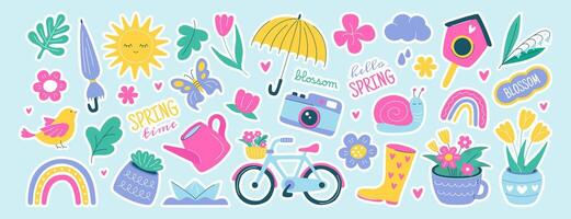 Cute diary journal stickers. Trendy daily planner labels, scrapbook icons flat set. Bullet journal spring decoration elements with flowers, butterfly, birdhouse for to do list, scheduler or organizer vector