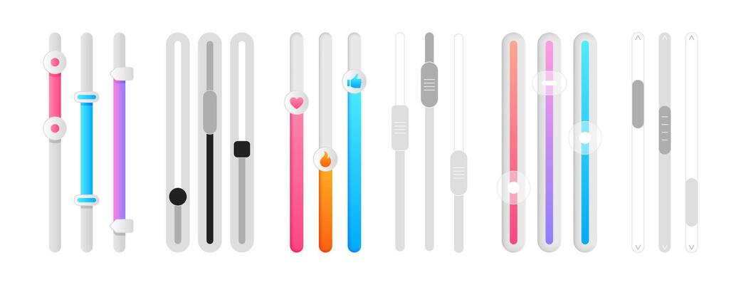 Scroll bars set. Vertical colored sliders or scrollbars. Web design elements for website or internet page. Menu graphic ui interface scrolls control, brightness controllers and volume sliders