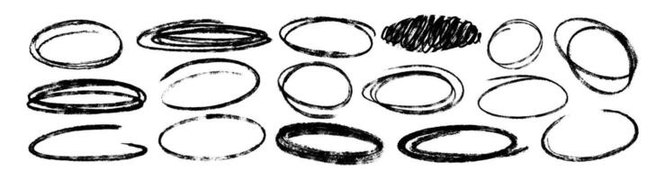 set of hand drawn doodle crayon ovals and scribble circles. Black chalk pencil emphasis element shapes, freehand ellipse highlights. Charcoal rough round frames, scribbles or encircle lines. vector