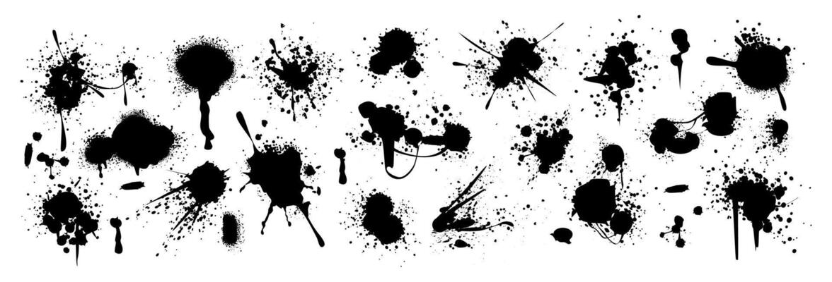 Set of spray paint drips, black blots or ink splatters. Blobs or inky spots with graffiti dirty grunge effect. Brush stains or inkblots with spatters or drops. design elements in street style.
