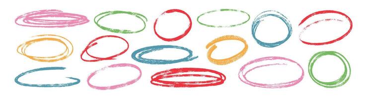 set of hand drawn doodle crayon ovals and highlight circles. Colored chalk pencil emphasis element shapes and freehand ellipses. Handdrawn charcoal rough round frames, scribbles, encircle lines vector