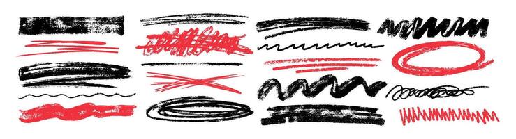 Hand drawn charcoal texture strikethrough, chalk pencil underlines, scribbles or brush strokes. Red and black crayon highlight lines, squiggles isolated on white background. Doodle freehand elements vector