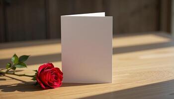 Clean and Modern Valentines Greeting Card Mockup Red Rose on Wooden Surface photo
