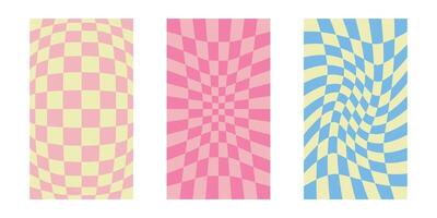 Abstract distorted backgrounds. Stylish set of three checkered backgrounds with optical illusion and distorted effect, texture in trendy retro psychedelic style vector