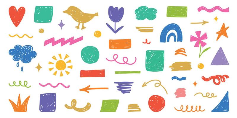 Hand drawn childish color crayon figure set. Pencil scribble. Abstract doodle geometric elements, frames, chalk textures, brush with lines, kindergarten figures. Kids illustration.