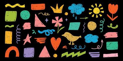 Crayon Hand drawn kids color figure set. Pencil scribble. Abstract doodle geometric elements, frames, chalk textures, brush with lines, kindergarten figures. Childish illustration. vector
