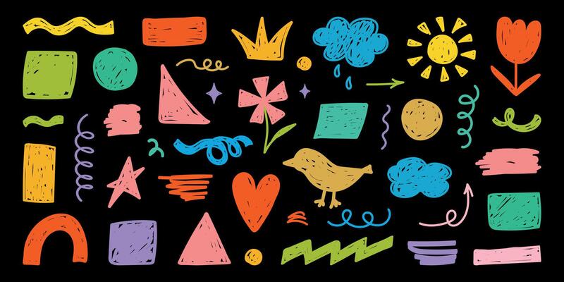 Crayon Hand drawn kids color figure set. Pencil scribble. Abstract doodle geometric elements, frames, chalk textures, brush with lines, kindergarten figures. Childish illustration.
