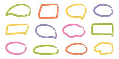 Crayon speech balloon set in doodle style. Chalk shapes of bubble for text, chat, icon, title. Hand drawn childish frames with grunge texture. Isolated child illustration. vector