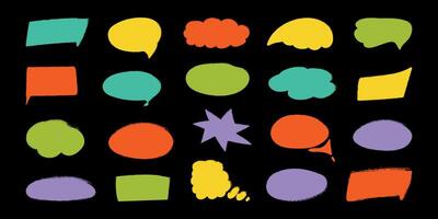 Crayon speech bubble set in trendy doodle style. Color chalk balloons for text, chat, dialog icon. Hand drawn child frames, talk box, cloud. Isolated illustration. vector