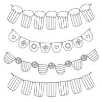 Hand drawn doodle set of St. Patricks Day garlands with black outlines. Includes banners with beer mugs, shamrocks, and festive decorations. Perfect for coloring pages, crafts, and DIY projects vector