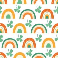 Seamless pattern with hand-drawn rainbows and shamrocks in festive green and orange tones. Perfect for St. Patricks Day fabric, wrapping paper, wallpaper, and holiday decorations vector