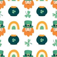 Seamless pattern with leprechaun faces, pots of gold, rainbows, and shamrocks for St. Patricks Day. Perfect for fabric, wrapping paper, wallpaper, and festive decorations vector