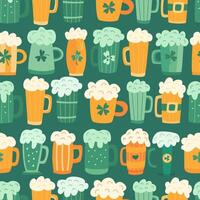 Seamless pattern with hand-drawn beer mugs in green and orange tones, decorated with shamrocks on green background. Perfect for St. Patricks Day fabric, wrapping paper, wallpaper vector