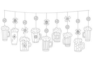 Hand drawn doodle garland for St. Patricks Day with black outlines. Features beer mugs, shamrocks, and coins. Ideal for coloring pages, party decorations, and craft projects vector