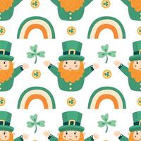 Seamless pattern with cheerful leprechauns, rainbows, shamrocks, and gold coins for St. Patricks Day. Great for fabric, wrapping paper, wallpaper, and festive decorations vector